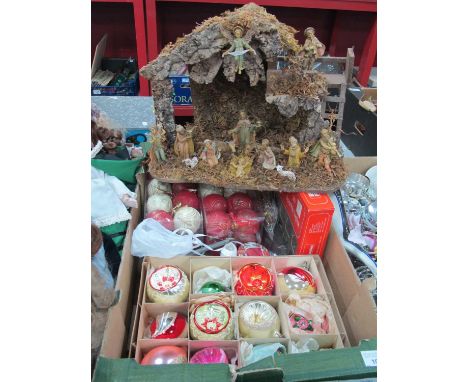 Vintage Christmas baubles (x12), other later sparkle lights, etc. Untested sold only for parts, model nativity scene featurin