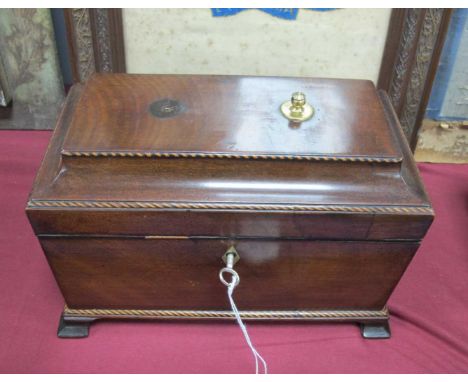 XIX Century Mahogany Tea Caddy, with rope twist effect, box wood stringing to edges, brass escutcheon, ogee feet, (lining abs