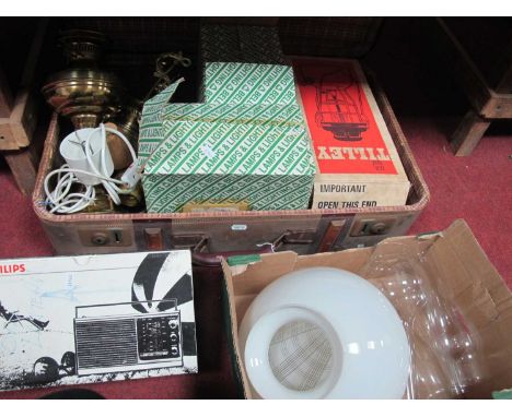 Tilley Storm Light, boxed, two boxed glass ceiling lights, further lamp, and hanging oil lamp style light, and other lights, 