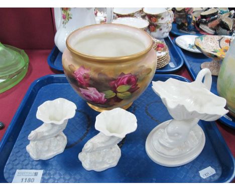 A Royal Worcester Porcelain Bowl, painted with pink roses on a blush ivory ground and highlighted in gilt black printed marks