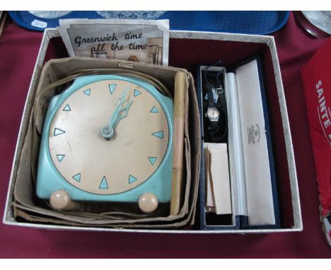 Art Deco APL Electric Mantle Clock, 14cm wide, with oriental box. Beekay ladies watch.