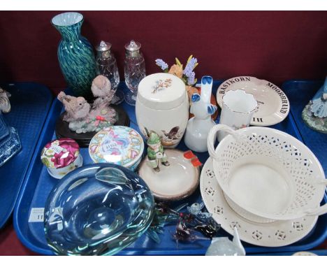 Stromberg Swedish Glass Blue Tinted Bowl, etched marks to base, early Hummel ashtray, trinkets, etc:- One Tray.