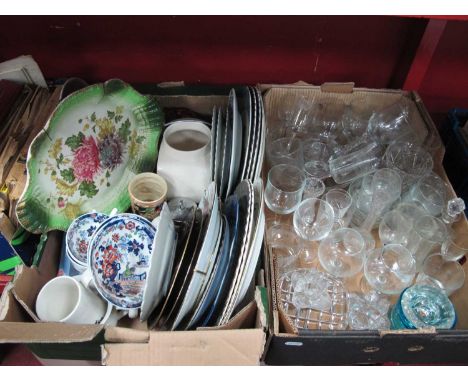 Glassware, brandy glasses, whiskey glasses, candlesticks, cabinet plates. 2 Boxes