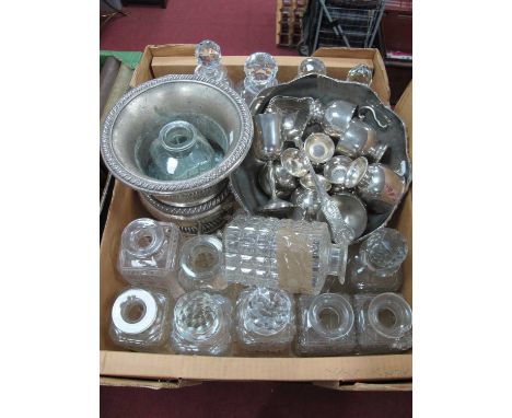 A large collection of glass decanters some with stoppers together with a silver plate punch bowl set and planter. 1 Box