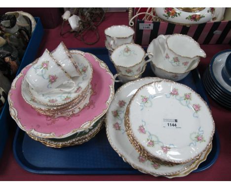 Pair of Spode Felspar Porcelain Handpainted Cabinet Plates, comport, Atlas China tea set decorated with roses and swags:- One