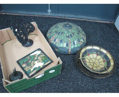 Tiffany Style Light Shade, 46cm, wide, another smaller, two trivets:- One Box.
