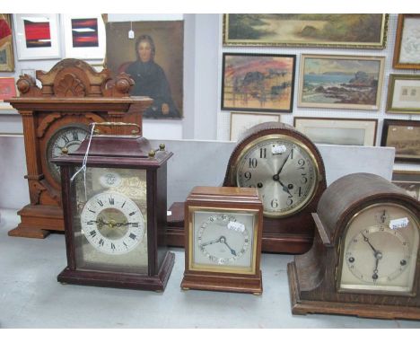 A Newhaven carved oak mantle clock, Napoleon style mantle clock, along with three others. (5)