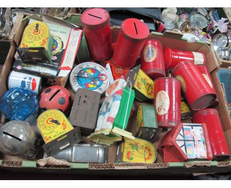 A collection of Mid Century and later novelty money banks, to include; Humpty Dumpty, Monkey, Pepsi Tin, The Daily Mail, Post