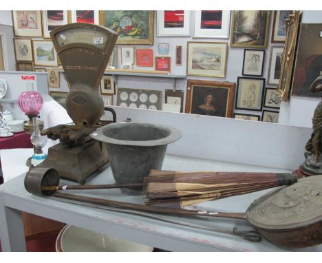Butlin of Huddersfield Scales, toddy ladle, warming pan, parasol, white metal vessel.