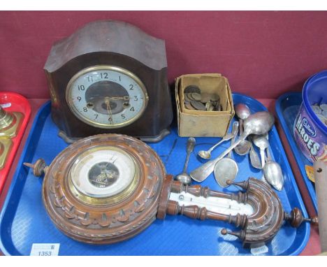 Silver Hallmarked Teaspoons, coins bakelite clock, Edwardian aneroid barometer:- One Tray.
