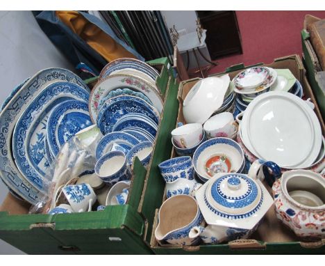 Blue and white ceramics to include plates, cups, saucers, teapot, jugs, bowls from Sadler, Old Willow, Churchill together wit