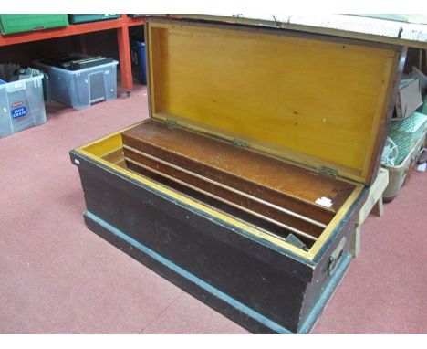 Tools - Drill plus bits, screwdrivers, spanners, stone hammer, mallet, tri square, etc in an ebonized toolbox, 85cm wide.