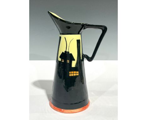 A Crown Devon Art Deco style tapering cylindrical jug, Night and Day, decorated by Dorothy Ann, signed, painted with a house 
