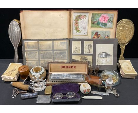 Boxes and Objects - a collection of 19th century carte de visite photographs; a Victorian scrap album; an Edwardian vesta cas