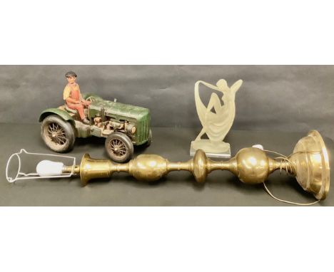 An Indian brass tall table lamp, multi gourd column, circular foot, 83cm high (not including fittings);  a model tractor, Art