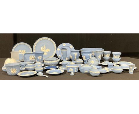 A Wedgwood Jasperware pale blue and white lithophane tea light stand and shade; another with cylindrical shade; other pale bl