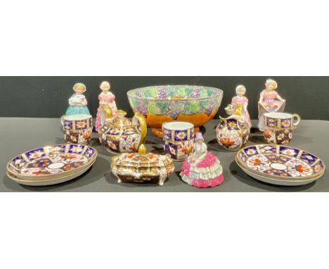 A set of three Royal Crown Derby 2451 pattern coffee cups and saucers; a 2 handled sucrier and cover; a milk jug; Doulton fig