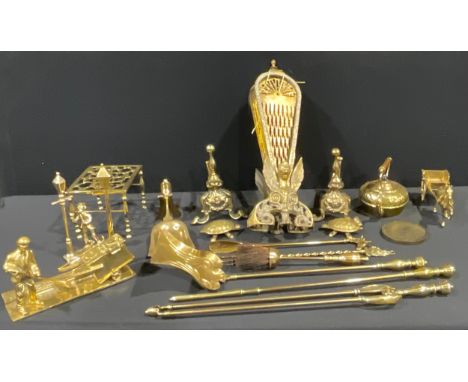 A 19th century style brass folding fan shaped fire screen; brass andirons; fireside companion set; brass fireside models, inc
