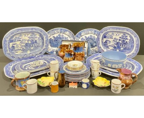 A 19th century willow pattern meat plates, copper luster jugs, Royal Worcester Spring flowers part coffee set etccoffee set e