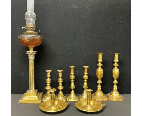 A Victorian brass Corinthian column oil lamp, cut clear glass shade, 57cm high excluding chimney; a pair of large Victorian b