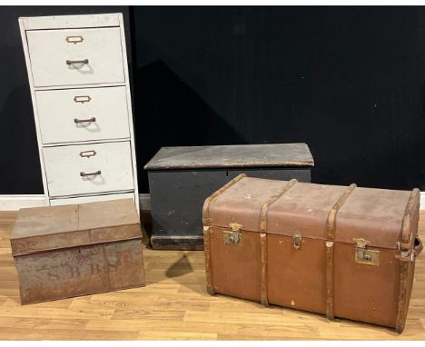 A Victorian pine blanket chest; a 19th century toleware deed box; travel trunk; filing cabinet (4)