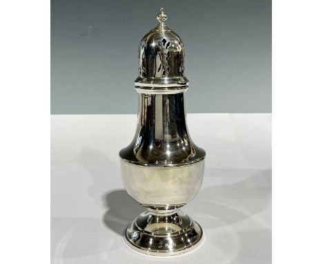 An Elizabeth II silver pear shaped sugar caster, pierced bell shaped cover, knop finial, domed foot, 18cm high, Cooper Brothe