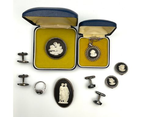 A Selection of Wedgwood Jasperware Black Basalt Silver Jewellery;to include a pair of "The Golden Hind" silver cufflinks and 