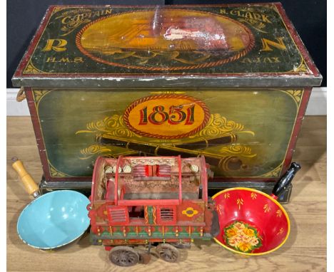 A 19th Century style sailors sea chest, two Bargeware grain pans, Folk art model of a vardo/wagon (4)