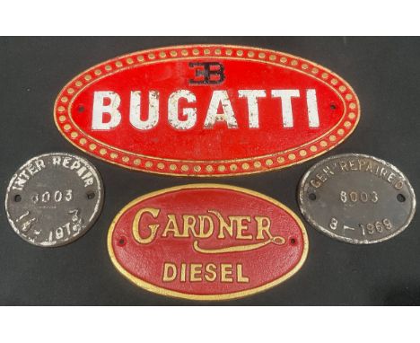 Automobilia - a decorative cast iron advertising sign, Bugatti; another, Gardner Diesel; two railway wagon repair plates (4)