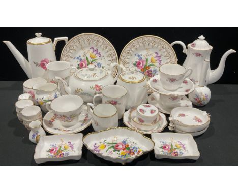 An Abbeydale coffee pot, teapots, assorted trinket trays, bottle vase, eggcups, milk jug, salt pot, mugs, all transfer printe
