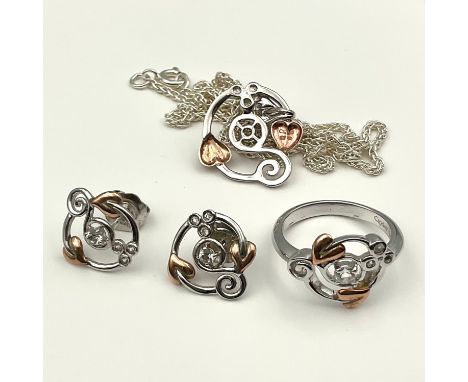 A Clogau Silver Tree of Life Origin Pendant Necklace, matching pair of Earrings and a Ring;the pendant is made up of sterling