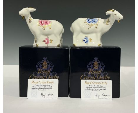 A pair of Royal Crown Derby paperweights, Pinxton Rose Nanny Goat and Pinxton Rose Billy Goat, exclusively for Fletcher Colle