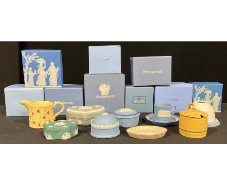 A Wedgwood Jasper Cane preserve pot and cover, in yellow picked out in cobalt blue, 8.5cm, boxed; a Wedgwood Jasper Bamboo mi