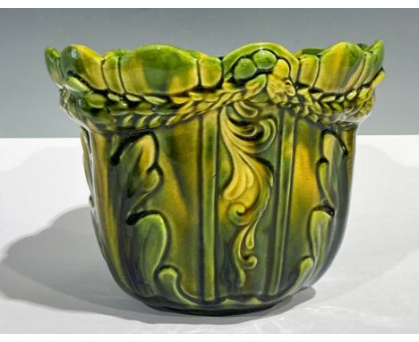 An Ault majolica jardinière, from a design by Christopher Dresser, pattern number 396, 14.5cm, raised urn mark, c.1892