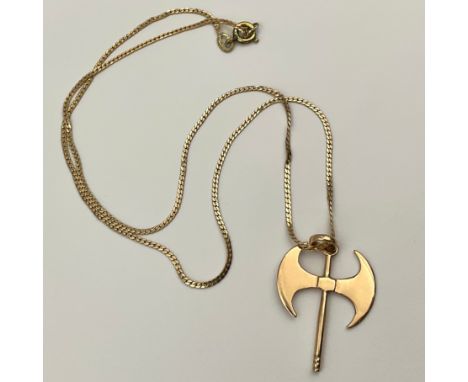 A 14ct Gold Double Axe Pendant with fine 14ct Gold Chain;the pendant is stamped "585" and measures approx. 3cm in height incl