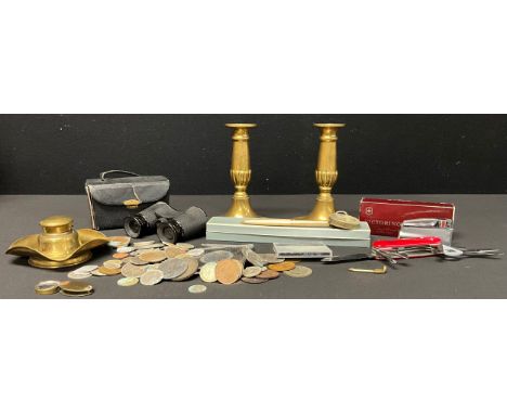 A Parker Rolled gold ball point pen, Victornox utility Swiss Army pocket knife, boxed, George III and later coins, opera glas