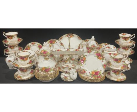 A Royal Albert Old Country Rose pattern tea and table service, for six, inc two tier cake stand, tea pot, coffee pot, cups, s