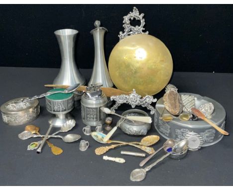 Metalware - an Indian silver coloured metal box, 80g gross, silver plated vesta case, easel stand, flatware, Norwegian Groenl