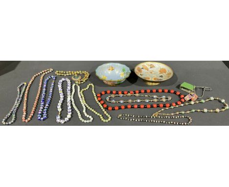 A string of Cloisonné enamel beads, others, assorted colours, Cinnabar and black beads, bowls etc qty