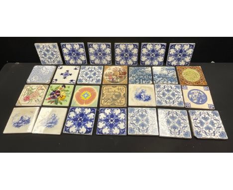 A collection of late 19th/early 20th century wall tiles, assorted patterns and prints, including Mintons, Minton &amp; Hollin