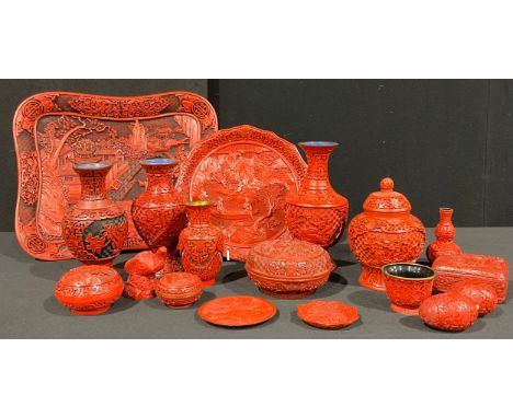 A collection of Cinnabar and similar Chinese laquer etc inc assorted size vases, shaped rectangular tray, circular and square