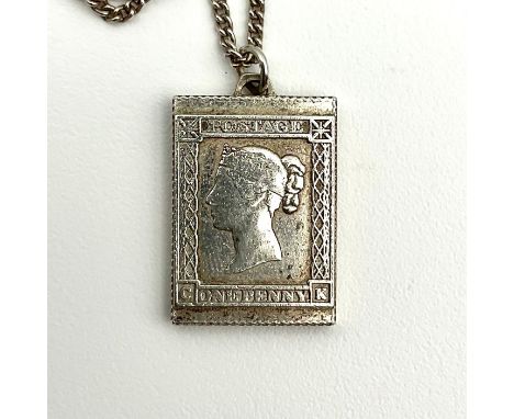 A Royal Mint Sterling Silver Penny Black Stamp Pendant Necklace; the pendant features a reproduction of the 1840 penny black 