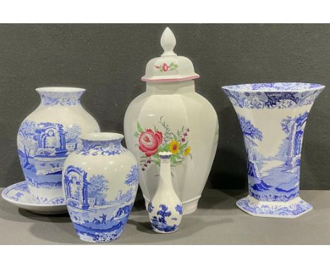 A Spodes Italian pattern hexagonal trumpet vase, others baluster,  botanical temple jar and cover etc qty