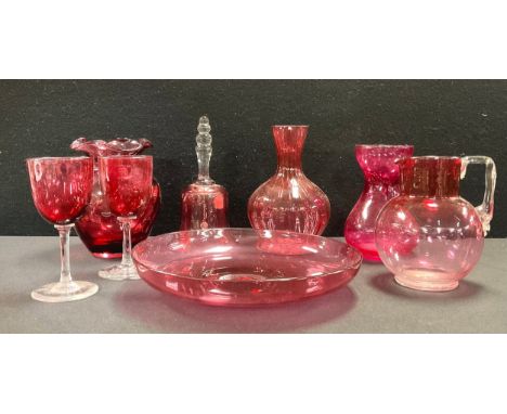 A cranberry glass, jug carafe, drinking glasses, shallow dish, bell, etc, assorted dates, 19th century and later (8)
