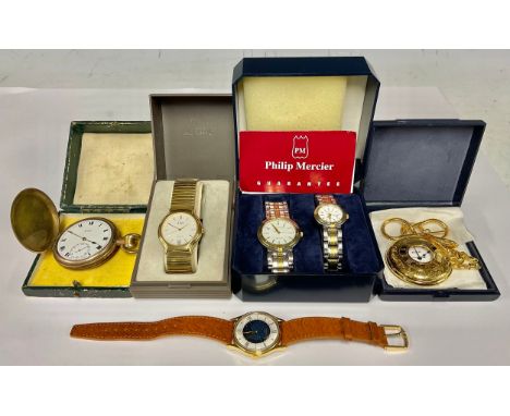 Watches - a rolled gold Limit hunter cased pocket watch, pair of Philip Mercer lady's and gentleman's quartz dress watches, T