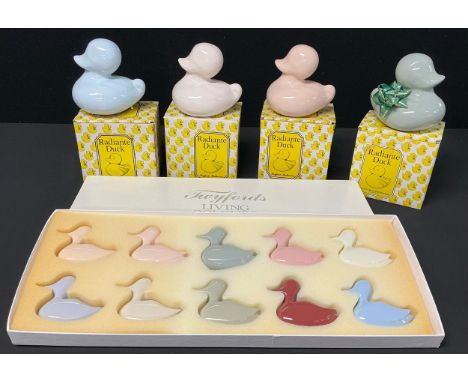 A set of four kitsch Twyfords Bathrooms ceramic ducks, Radiante Duck in differing sample colourways, Peach, Fresh Water, etc,