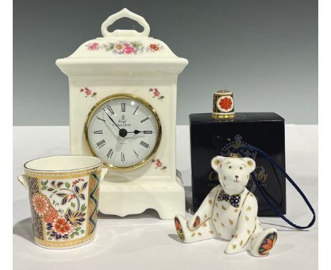 A Royal Crown Derby miniature Teddy Bear hanging decoration, 6.5cm, first quality, boxed; a Posies pattern mantel clock, quar