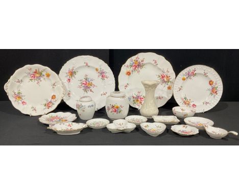 A Royal Crown Derby Posies pattern ginger jar and cover, tea strainer on stand, dinner plates, assorted plates, various trink
