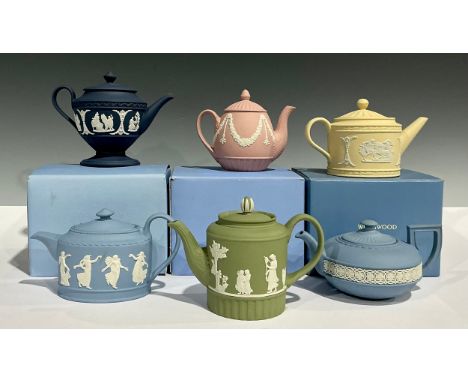 A set of six Wedgwood teapots, The Jasper Miniature Teapot Collection, comprising, Icarus teapot, Portland blue Jasper, 10.5c