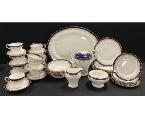 An Aynsley Leighton pattern coffee pot, milk jug and sugar bowl, six teacups, four coffee cups, nine saucers, six tea plates,